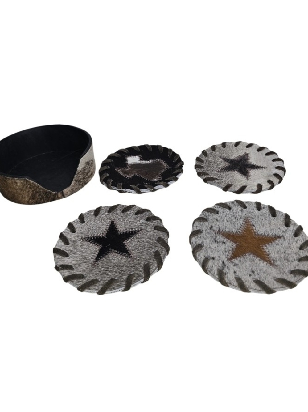 Southwestern Cowhide Coaster w/ Holder Set Of 4 Coasters & 1 Holder Texas Design - Picture 6 of 11